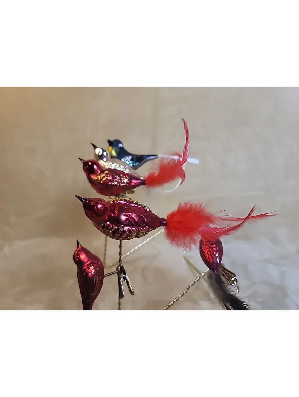 5 Vintage Mercury Glass Clip on Bird Christmas Ornaments Feathers & Spun Tails